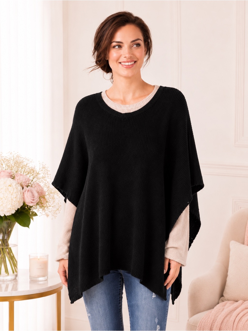 LC Lauren Conrad Black Knit Poncho Wrap Cozy Chic Layering Sweater NWT OS
